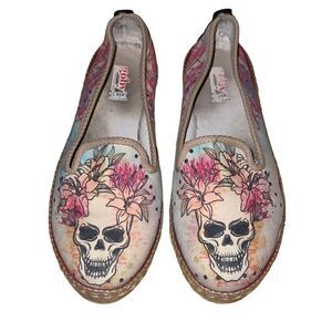Goby Day of The Dead Flowering Skull Espadrille Shoes Comfort Loafer Size 38